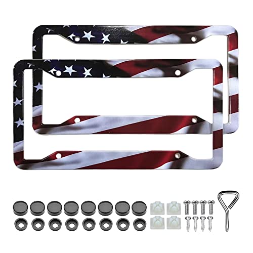 American Flag License Plate Frame Holder - 2 Pack Universal Aluminum Matte Stripe US Flag Gloss Patriotic Car Plate Frame Covers with Free Screws Fasteners Caps