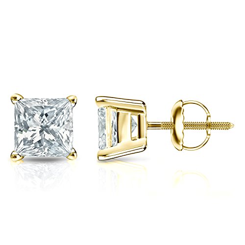 IGI Certified 2 Carat Princess Cut Lab Grown Diamond Stud Earrings for Women in 14k Yellow Gold (H-I Color, VS1-VS2 Clarity, 2.00 cttw) 4-Prong Setting Screw Back Square Studs by Diamond Wish