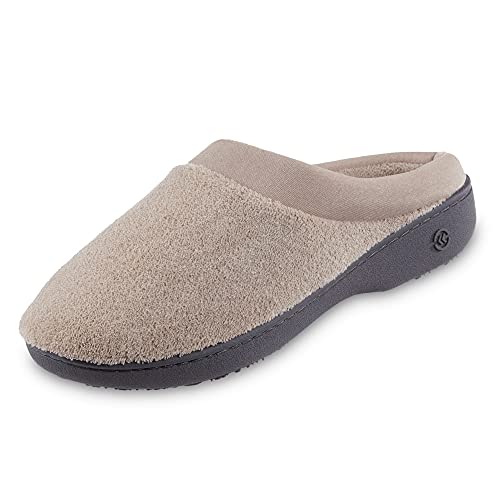 isotoner Women's Terry and Satin Slip On Cushioned Slipper with Memory Foam for Indoor/Outdoor Comfort Flat Sandals, Stone, 8.5-9