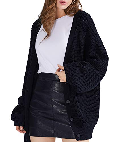 QUALFORT Women's Black Cardigan Sweater 100% Cotton Button-Down Long Sleeve Oversized Knit Cardigans Black XXX-Large