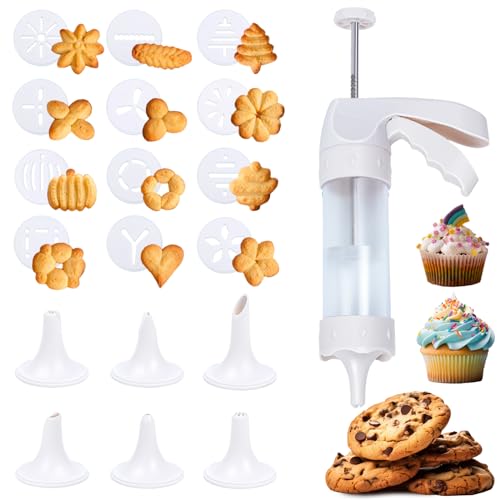 Suuker Cookie Press Gun Kit, Spritz Cookie Press Set for Baking Cookie Decorating Kit with 12 Cookie Press Discs and 6 Piping Tips for DIY Biscuit Cake Dessert Making and Decorating Baking Supplies