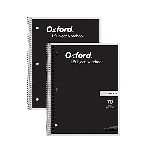 Oxford Spiral Notebook 2 Pack, 1 Subject, 5 x 5 Graph Paper, 8-1/2 x 10-1/2 Inches, Black Covers, 70 Perforated Sheets (65214)