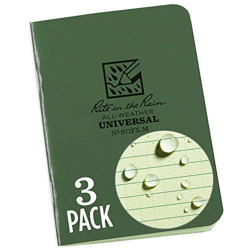 Rite in the Rain Weatherproof Mini-Stapled Notebook, 3 1/4' x 4 5/8', Green Cover, Universal Pattern, 3 Pack (No. 971FX-M), 4.625 x 3.5 x 0.125