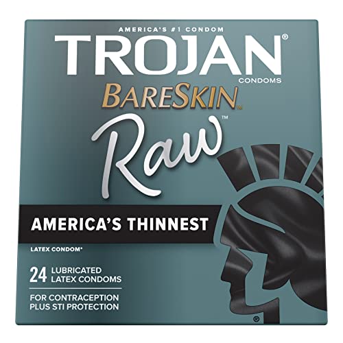 TROJAN BareSkin Raw Thin Condoms, Lubricated Condoms For Men, America’s Number One Condom Brand, 24 Count Pack