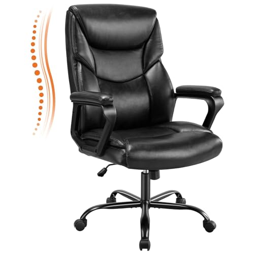 Sweetcrispy Home Office Chair, Leather Computer Gaming Chair with Armrests, Adjustable Swivel Rolling Desk Chair with Wheels, Lumbar Support, Black