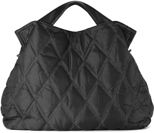 Lightweight Quilted Puffer Tote Bag for Women, Shoulder Bag with Adjustable Straps, Large Capacity Puffy Tote - Black