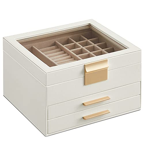 SONGMICS Jewelry Box with Glass Lid, 3-Layer Jewelry Organizer, 2 Drawers, for Big and Small Jewelry, Jewelry Storage, Mother's Day Gifts, 8 x 9.1 x 5.3 Inches, Cloud White and Gold Color UJBC239WT