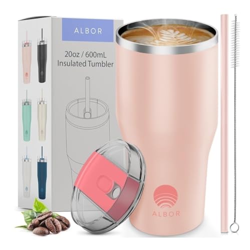 ALBOR 20 oz Insulated Coffee Tumbler With Lid and Straw, Insulated Water Bottle, Stainless Steel Tumbler, Leak Proof Water Bottle, Travel Coffee Mug (20 oz, Pink)