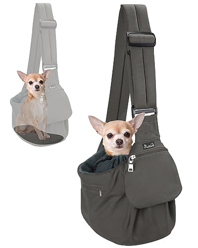 SlowTon Dog Carrier Sling, Thick Padded Adjustable Shoulder Strap Dog Carriers for Small Dog, Puppy Carrier Purse for Cat with Front Zipper Pocket Safety Belt Machine Washable, Grey