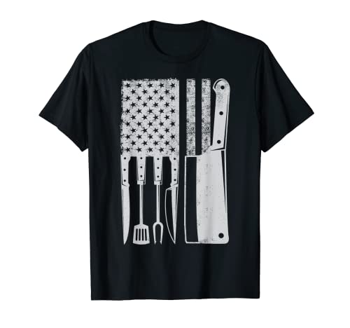 Chef American Flag Kitchen Butcher Knife Vintage 4th of July T-Shirt