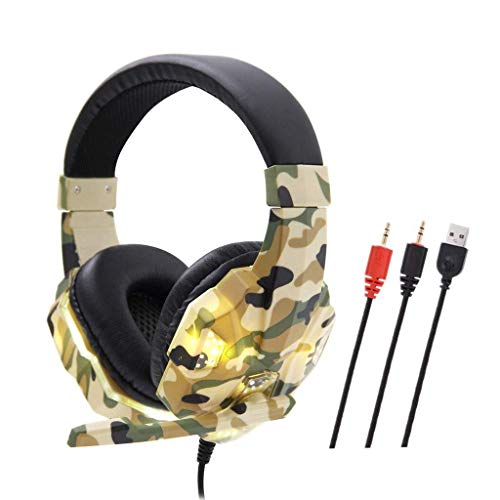 Bluetooth Headphones Camouflage Gaming Headset PC Over Ear Headphones with Noise Cancelling Mic LED Light Stereo Bass Surround Soft Memory Earmuffs for Phone Laptops Tablet (Color : Gray) (Yellow)
