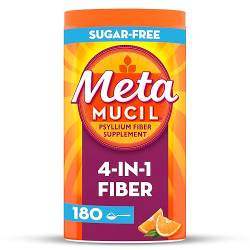 Metamucil 4 in 1 Daily Fiber Supplement Powder, Fiber Powder for Digestive Health and Regularity*, Sugar-Free, Orange, Naturally Sourced Psyllium Fiber, 180 teaspoons