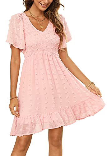 Annebouti Summer Teens Dresses for Women Cute 2024 Wedding Guest Casual Beach Smocked Short Sleeve Knee Length Baby Doll Sundress Gender Reveal Mini Dress Solid Pink L