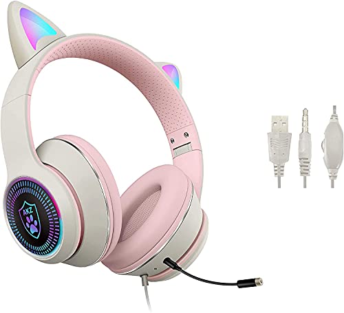 VIGROS Cat Ear Gaming Headset with Mic RGB LED Light, Flashing Glowing Stereo Headphones, 7.1 Stereo Sound Surround Over-Ear Headset for PC, PS4, PS5, Nintendo Switch,Mobile (Grey)