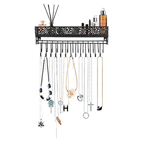 Urban Deco Wall Mounted Jewelry Organizer - Rectangular Hanging Jewelry Holder Stand with Shelf Wall Necklace Holder Organizer - Black Jewelry Rack