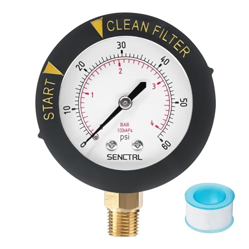 SENCTRL 0-60 Psi Pool Filter Pressure Gauge, 2 inches Dial, 1/4 NPT Lower Mount, Stainless Steel Case, Waterproof, Clean Filter Indicator, for Swimming Water Pump Spa Aquarium Pressure Test