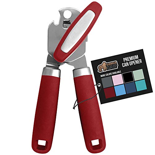 The Original Gorilla Grip Heavy Duty Stainless Steel Smooth Edge Manual Hand Held Can Opener With Soft Touch Handle, Rust Proof Oversized Handheld Easy Turn Knob, Large Lid Openers, Red