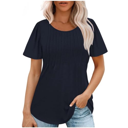 Ayolanni Summer Blouses for Women Womens Tunics or Tops to Wear with Leggings Hide Belly Pleated Solid Color Crewneck Short Sleeve Shirts March Sales