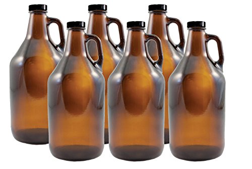 FastRack Set of 6 - 1/2 gal (64oz) Amber Beer Growlers - Comes with 12 Extra Poly Seal Caps