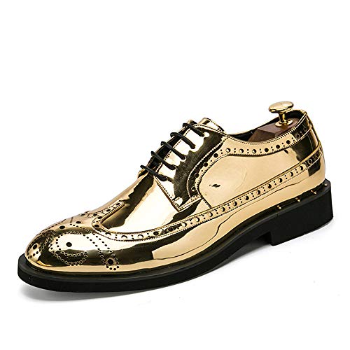 Battle Men Men's Patent Oxford Lace Up Brogue Wingtips Solid Color Casual Round Toe Outdoor Shoes Flats Lightweight Formal Men (Color : Gold, Size : 9 M US)