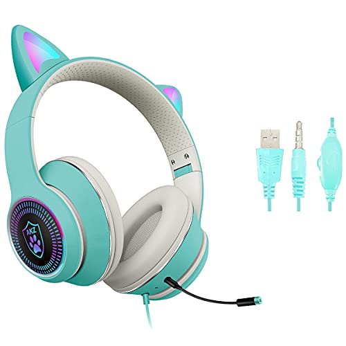 Zuri Sana Cat Ear Gaming Headphones Wired AUX 3.5mm with LED Light, Foldable Stereo Game Music Sound Over-Ear Headsets with Microphone Kids Adult Gift for PC, PS4, Switch, Cellphone, Pad, Laptop