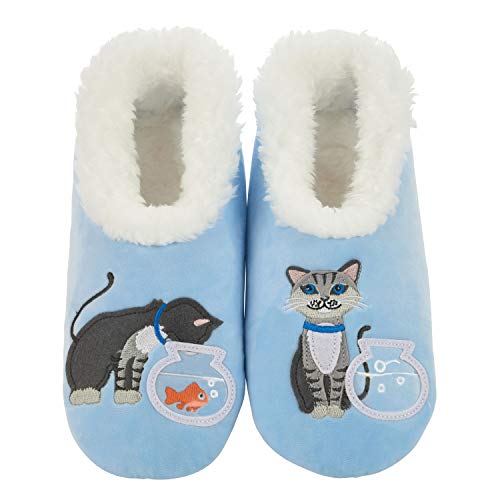 Snoozies Pairable Slipper Socks | Cozy and Fun House Slippers for Women, Fuzzy Slipper Socks | With Unique Designs, Non Slip Socks - Cat/Fishbowl - Blue - Large