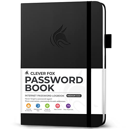 Clever Fox Password Book with alphabetical tabs. Internet Address Organizer Logbook. Medium Password Keeper for Website Logins (Black)