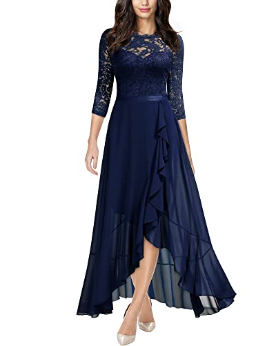 Miusol Women's Elegant Floral Lace Ruffle Bridesmaid Maxi Dress (X-Large, Navy Blue)