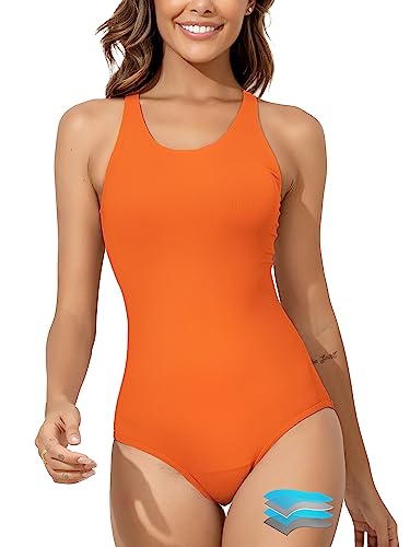 Beautikini Period Swimwear Women's One Piece Leakproof Menstrual Bathing Suit Racerback Training Swimsuit for Teens Girls Tropical Orange