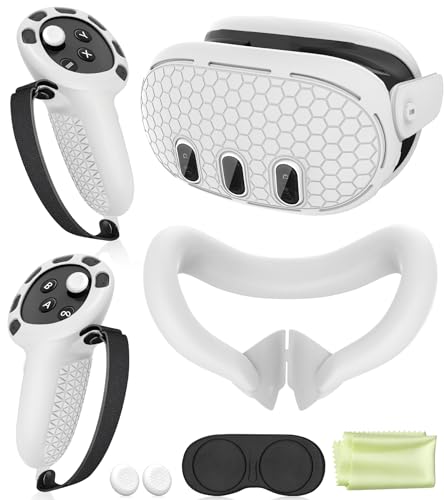 Silicone Cover Set Compatible with Oculus/Meta Quest 3, VR Accessories Protective Cover Includes Controller Grips, Front Shell Headset Cover and Face Cover (White)