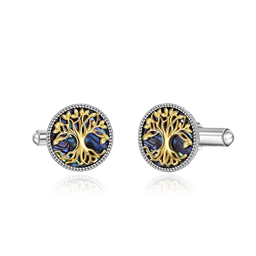 Tree of Life/Four Leaf Clover Cufflinks for Men 925 Sterling Silver Round Cuff Links with Abalone Shell Family Tree Business Wedding Groomsmen Gifts Suit Shirt Accessories for Men Father (Tree of Life Cufflinks)