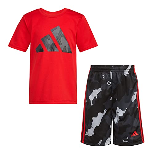 adidas Boys' Short Sleeve Poly Tee & Camo All Over Print Short Set, Better Scarlet, 5