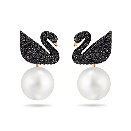 Swarovski Iconic Pierced Earrings for Women, Swan Motif with Unique Earring Jackets, with Sparkling Black Crystals on a Rose-Gold Tone Plated Setting