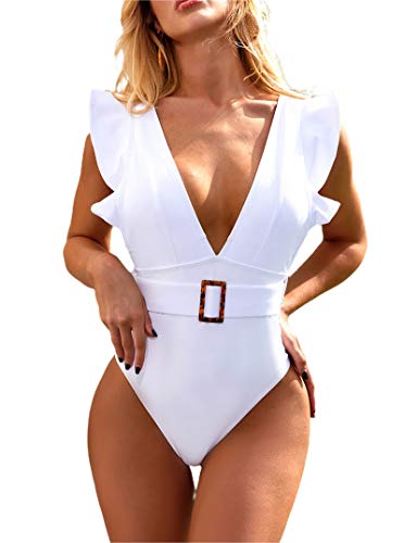Avanova Women's One Piece Swimsuit Ruffle Deep V Neck Strappy Swimwear Bathing Suits White Medium