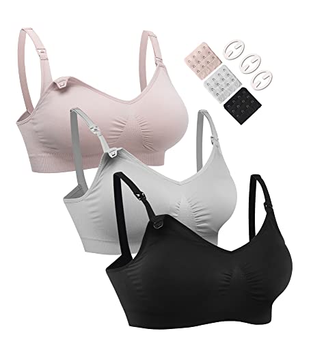 HOFISH 3PACK Full Bust Seamless Nursing Maternity Bras 3Pack Black,Grey,Elegant Pink Large