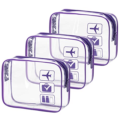 MODENGKONGJIAN TSA Approved Toiletry Bag, 3 Pcs Clear Toiletries Bags Quart Size Travel Makeup Cosmetic Bag for Women Men, Carry on Airport Airline Compliant Bag (Purple)