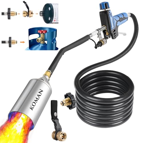KOMAN Weed Torch, Propane Torch Weed Burner Kit, Flamethrower with 1lb Propane Cylinder Converter and 9.8FT Hose, Heavy Duty 500,000 BTU with Turbo Trigger for Flame Weeding,Roofing, Melting Ice Snow