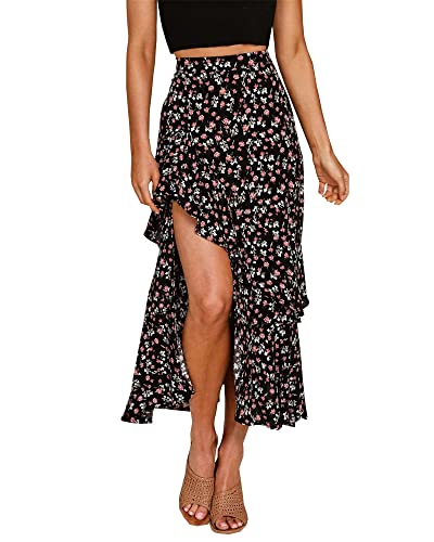 BTFBM Women 2024 Summer Spring Boho Long Skirts Dress Floral Print Elastic Waist Split Ruffle High Low Beach Maxi Skirt(Z-Black, Small)