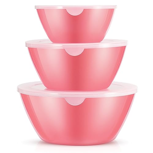 Wehome Mixing Bowls with Lids Set，Plastic Mixing Bowls for Kitchen Preparing，Serving and Storing，Set of 3-Includes 3 Bowls and 3 Lids，BPA-FREE Neat Nesting Bowls with Sealing Lids (Pink)
