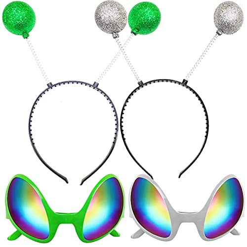 Poptrend 2 Pairs Alien Headband and Glasses, Alien Sunglasses, Glitter Green Silver Headband Boppers Antenna Headband Set, Alien Costume Party Favors Accessories for Adults and Kids (green+silver)