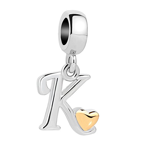 QueenCharms Initial A-Z Letter Charm Golden Heart Alphabet Dangle Beads For Bracelets & Necklaces (K)