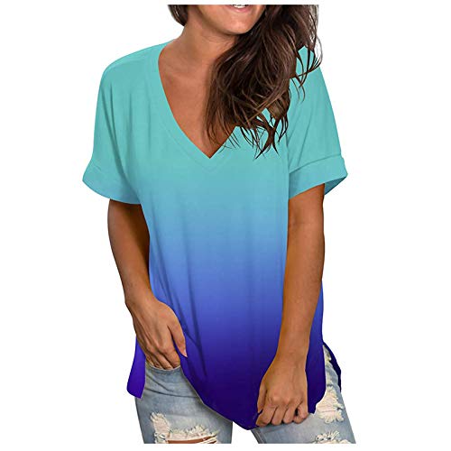 Lastesso Short Sleeve Shirts for Women Womens Tops Casual V Neck Short Sleeve Blouse Tops Comfy Loose Size Summer Shirts Gradient Color Blouse T-Shirt Orders Placed Blue L