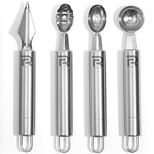 Riveira Melon Baller Scoop Set Stainless Steel 4-Piece Carving Knife Watermelon Cantaloupe Scooper for Cutting and Scooping Fruit Melons & Ice Cream
