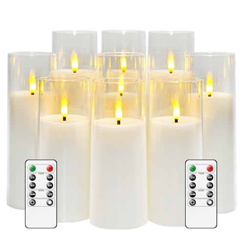 kakoya Flickering Flameless Candles Battery Operated with Remote and 2/4/6/8 H Timer Plexiglass Led Pillar Candles Pack of 9 (D2.3'xH 5'6'7')with Realistic Moving Wick Candles for Home Decor(White)
