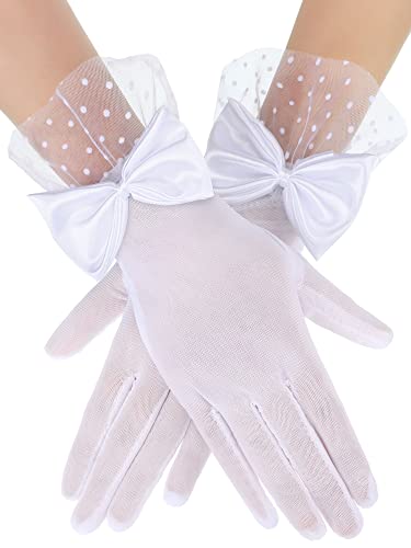 Bencailor Women Lace Gloves Party Wedding Gloves Girl Bow Short Prom Glove Evening Elegant Accessories Sun Protection Funeral (White)