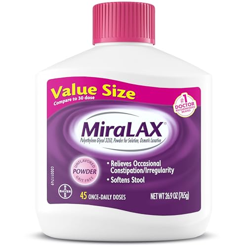 MiraLAX Gentle Constipation Relief Laxative Powder, Stool Softener with PEG 3350, Works Naturally with Water in Your Body, No Harsh Side Effects, Osmotic Laxative, 1 Physician Recommended, 45 Dose