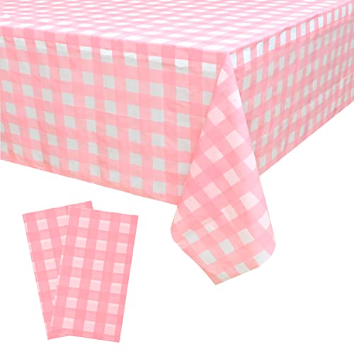 Vedran 2 Pack Pink Gingham Tablecloth Decorations, Pink and White Checkered Background, 54 x 108 Inch Tablecloth for Birthday Party, Outdoor Dinner, Holiday Party Decorations