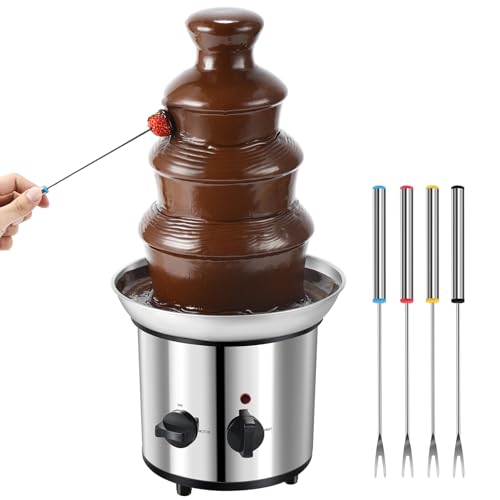 Chocolate Fountain, 4 Tiers Electric Melting Machine Chocolate Fondue Fountain Set with 4pcs Stainless Steel Forks, 4-Pound Capacity for Nacho Cheese, BBQ Sauce, Ranch