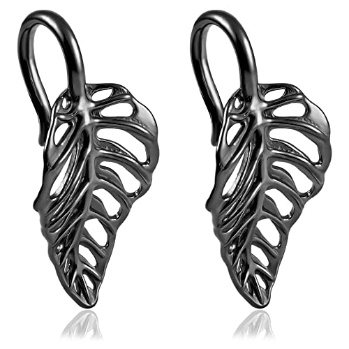DOEARKO 2PCS Fashion Leaves Ears Gauges Hanger Ear Plugs Body Piercing Tunnels 316 Stainless Steel Hypoallergenic Body Jewelry (For Lobe in 6G (4mm) or Larger, Black)