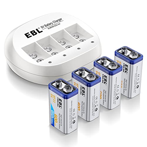 EBL 4 Bay 9V Lithium ion Battery Charger with 4 Packs 600mAh 9V Li-ion Rechargeable Batteries